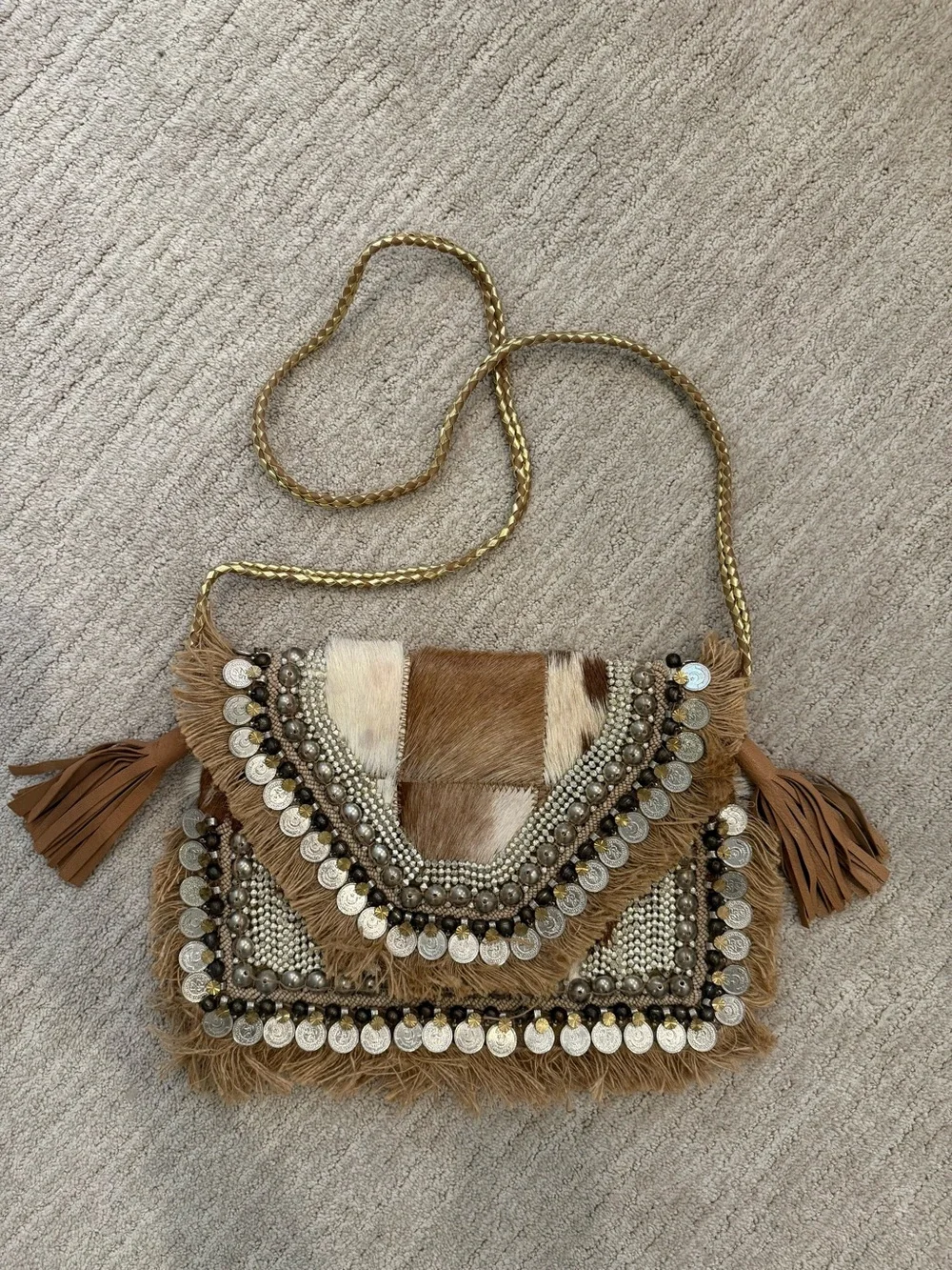 Anthropologie Fringe Coin Embellished Calf Hair Patchwork Clutch